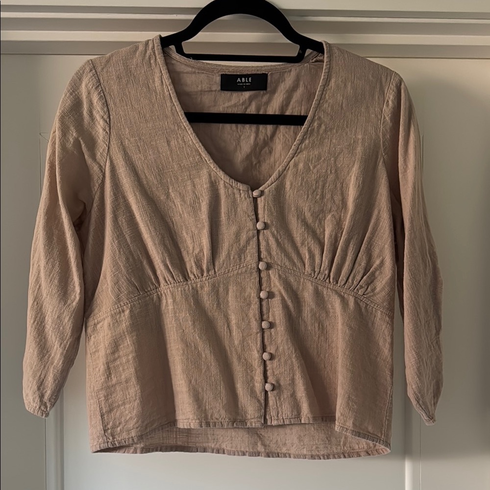 Nordstrom Tan Ruched 3/4 Sleeve Blouse